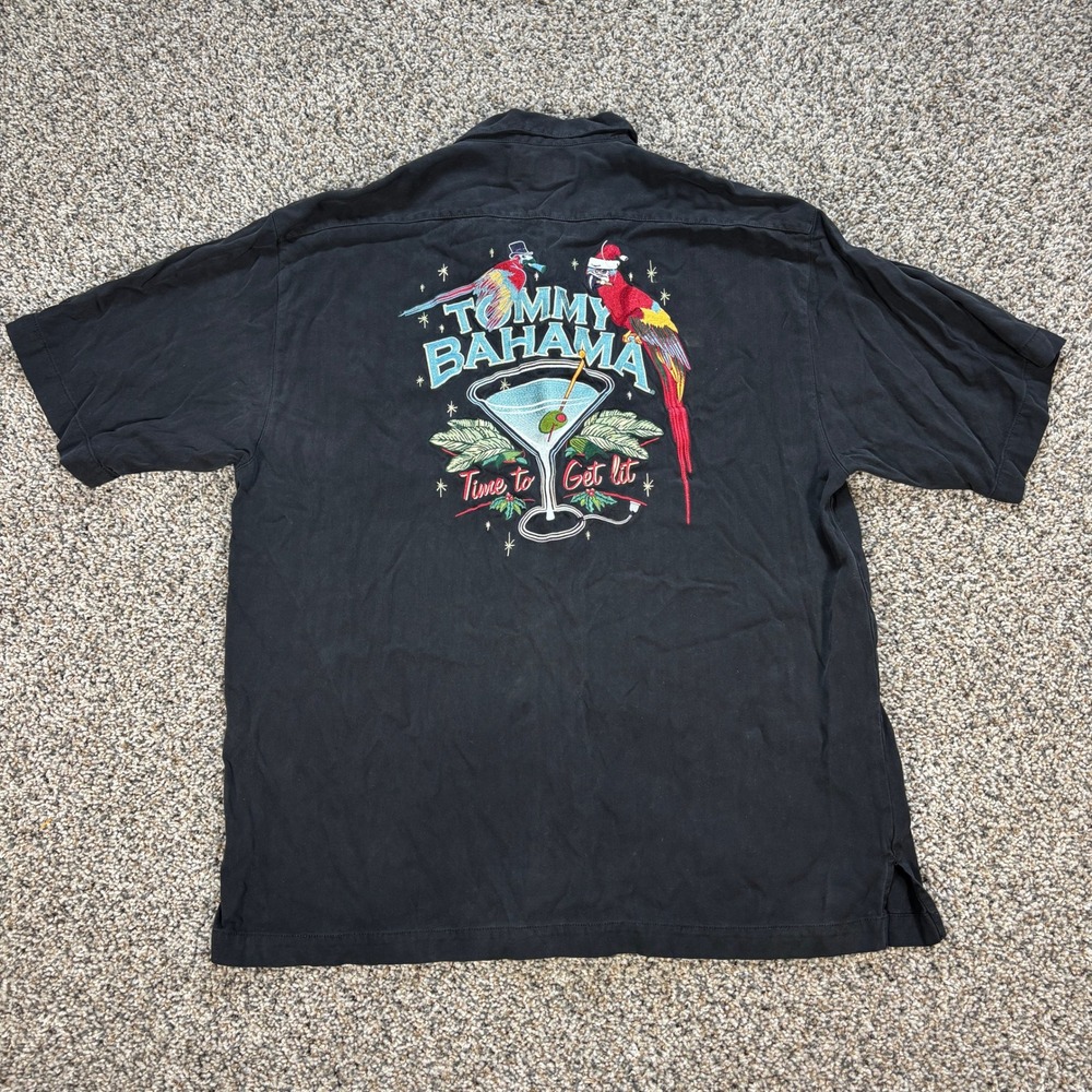 Tommy Bahama Men's XL Button Up Shirt Black Time to Get Lit Parrot Silk